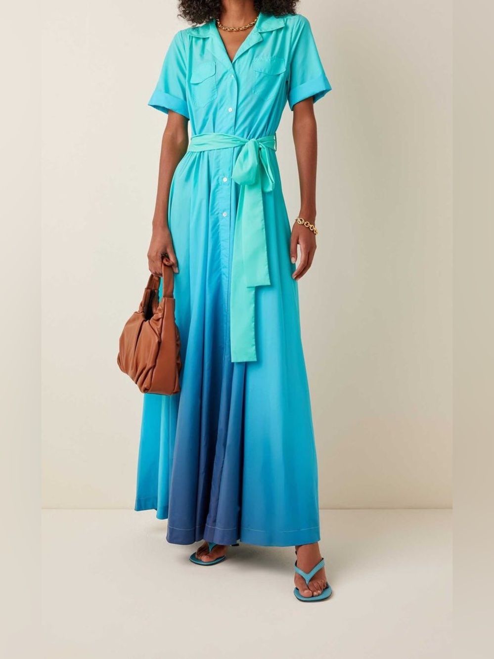 STAUD Ombre Turquoise to Deep Blue Shirt Maxi Dress